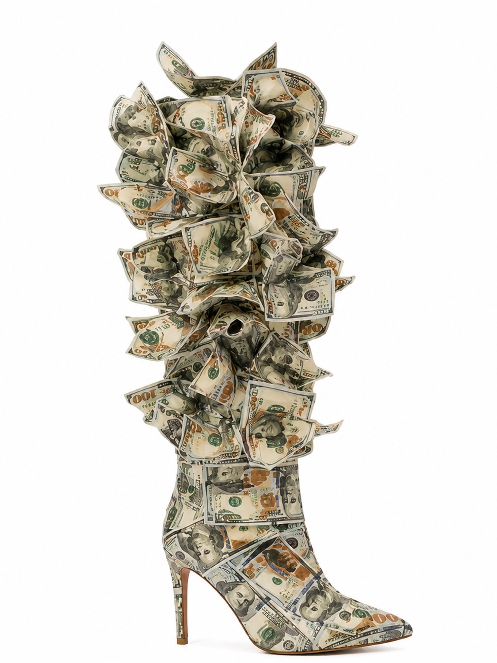 Money Print Ruffle Stiletto Boot - Women's Fashion Statement Exotic Shoes